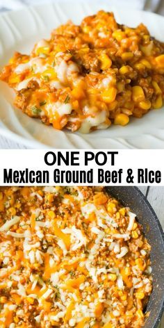 one pot mexican ground beef and rice casserole is shown in two different pictures