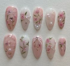 #nails #coquette #dollete #flowers Delicate Pink Nails, Couqutte Nails, Coquette Flower Nails, Coqquete Nail, Cute Simple Coquette Nails, Acrylic Nail Designs Coquette, Coquette Press On Nails, Coquette Nail