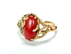 14k Coral Ring Ox Blood Red Mediterranean Coral Yellow Gold Size 8  Standout quality, natural Ox Blood Red Coral oval cabochon set in a 14K yellow gold brutalist design.  Marked 14K.  Measures about 1/2" wide. Coral cab measures 12 mm long by 6 mm. Brutalist Design, Coral Ring, Blood Red, Red Coral, Oval Cabochon, Ox, Rings Statement, Ring Designs, San Jose