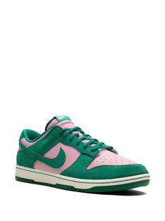 "Find NIKE Dunk Low \"\"back 9masters\"\" Sneakers on Editorialist. green/light pink calf leather suede panelling branded heel counter signature Swoosh logo detail logo patch at the tongue front lace-up fastening perforated toebox round toe flat rubber sole Release date: April 9, 2024 These styles are supplied by a premium and authenticated sneaker marketplace. Stocking only the most sought-after footwear, they source and curate some of the most hard to find sneakers from around the world." Green Sneakers, Basketball Sneakers, Swoosh Logo, Nike Green, Retro Sneakers, Latest Sneakers, Sneakers Blue, Sneakers Grey, Nike Dunk Low