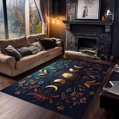 a living room with a couch, fireplace and large rug on the floor in front of a window