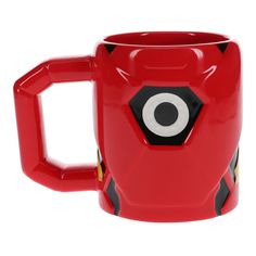 a red mug with an eyeball on it