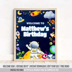 an image of a birthday card for a child's space themed party with the words, welcome to mather's birthday