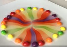 there is a cake decorated with candies on the plate and icing in the shape of a circle