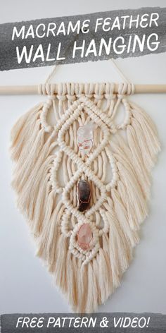 macrame feather wall hanging with free pattern and video on the bottom right corner