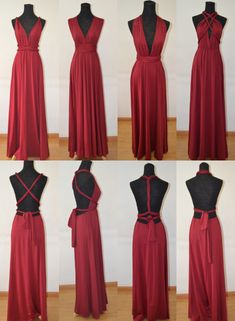 four different views of dresses on mannequins, one in red and the other in black