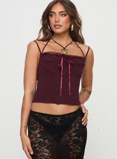 Trynia Top Burgundy Fitted Halter Neck Camisole With Adjustable Straps, Halter Neck Camisole With Adjustable Straps, Halter Neck Top With Adjustable Straps For Party, Halter Neck Top With Adjustable Straps For Night Out, Maroon Top, Woven Top, Dream Board, Buy Now Pay Later, Festival Outfit