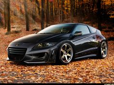 a black sports car is parked in the leaves