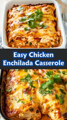 easy chicken enchilada casserole in a white dish