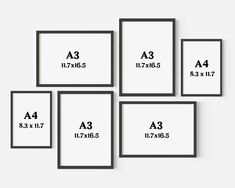 six black and white framed art prints with measurements for each piece in the same frame