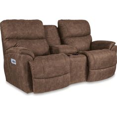 the double reclining loveseat with console and cup holders is shown in brown