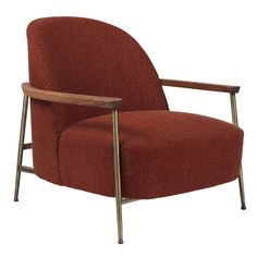 a red chair with a wooden armrest and metal frame, against a gray background