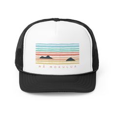 Trucker Cap Water View Nā Mokulua - Global Village Kailua Boutique Moisture-wicking Baseball Cap Trucker Hat For Outdoor, Cheap Trucker Hat For Camping, One Size Fits Most, Cotton 5-panel Trucker Hat For Beach, Trucker 5-panel Hat For Hiking, Trucker Hat Outfit, Trucker 5-panel Camping Hat, Baseball Cap Outfit, Cap Outfit, Global Village