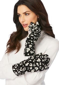 These plus size gloves are essential for cold weather. Wear them with  polyester fleece knit generously designed to provide enough room for your hands, giving you the ultimate comfort and style  machine wash for easy care imported    Plus size gloves - fleece golves, one size fits most   In Style Now! Fleece is everywhere this season! Stay warm and look stylish in our effortlessly chic gloves.   | Women's Fleece Gloves by Accessories For All in Black Graphic Spots Plus Size Gloves, Hands Giving, Fleece Gloves, Knit Machine, Occasion Dresses Wedding, Gloves Black, Weather Wear, Tunic Tank Tops, Career Dress