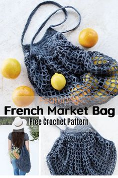 a crochet bag with lemons and oranges in it, on top of a white surface