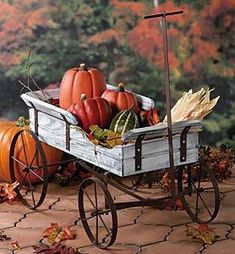 a wagon filled with lots of pumpkins on top of a stone floor next to trees