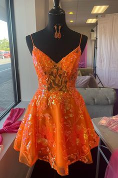 Orange A-line V Neck Straps Sequins-Embroidered Homecoming Dress Orange Hoco Dress Short, Orange Hoco Dress, Hoco Dress Short, Pretty Short Dresses, Orange Homecoming Dresses, Short Wedding Gowns, Cute Homecoming Dresses, Short Dress Styles, Tulle Sleeves