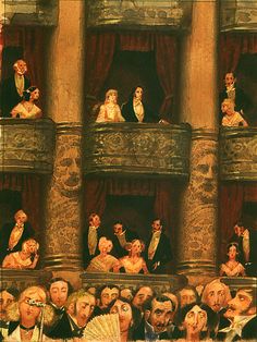 an image of a painting with many people on the balcony and one person holding a fan