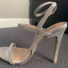 Practically Brand New. Were Worn Less Than 2 Hours For A Wedding. Will Include Replacement Rhinestones. Bedazzled Open Toe Heels For Prom, Open Toe Synthetic Heels With Bling, Bling Open Toe Synthetic Heels, Elegant Synthetic Sandals With Bling, Elegant Bling Sandals With Synthetic Material, Bling Synthetic Open Toe Heels, Elegant Bedazzled Sandals With Round Toe, Elegant Bedazzled Round Toe Sandals, Synthetic Sandals With Rhinestones And Pointed Toe