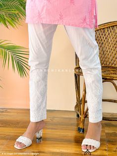 Fabric: Lycra Style: Straight Cigarette Pant Occasions: Casual Wear, Office Wear, Party Wear Garment Care: Hand Wash Only Waistband: Elasticated Length: 38 Inches Waist: Fits 28-42 Inches Price Includes: 1x Pant Lucknowi Chikankari, Pant For Women, White Kurta, Designer Studio, Womens Pants, Indian Outfit, New Launch, Make Yourself, Long Gown