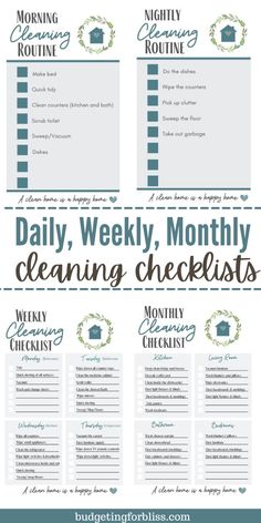 the daily cleaning checklist is shown in blue and white with green trimmings