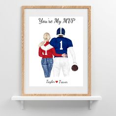 a watercolor painting of a football player and his girlfriend holding each other's arm