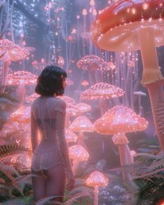 a woman standing in the middle of a forest with lots of mushrooms and lights all around her