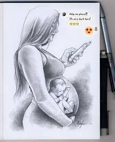 a drawing of a woman holding a baby in her arms and looking at a cell phone