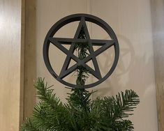 a star ornament hanging from the side of a wall next to a pine tree