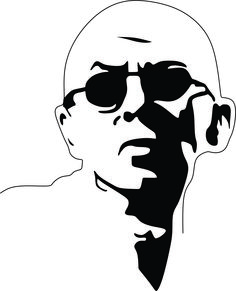 a black and white drawing of a man with sunglasses on his face, looking to the side