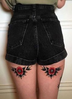 Traditional Thigh Tattoo, Back Of Thigh Tattoo, Traditional Tattoo Inspiration, Flower Thigh Tattoos, Thigh Tattoo Designs, Traditional Style Tattoo, Tattoo Traditional, Thigh Tattoos