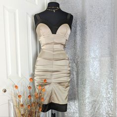 Gorgeous And Sexy Dress By Cache, Size 6, In Satin Silver Color With Black Trim Detail, Strap Sleeveless With Sweetheart Neckline, Fully Lined, Padded Bust, Zipper Goes All The Way Up, Stretchy Material. Measurement: Length 39" X Bust 18" . Retail Price $178 Brand New With Tags, Never Worn, Shows A Barely Noticeable Small Pulls As Shown On My Photos, Hard To See, This Dress Still Looking Beautiful! Sorry, But No Trading At This Time Champagne Fitted Mini Dress For Evening, Champagne Sleeveless Evening Dress For Night Out, Elegant Bandage Dress With Sweetheart Neckline For Club, Fitted Champagne Mini Dress For Night Out, Champagne Fitted Evening Dress For Night Out, Silver Sleeveless Fitted Bodycon Dress, Silver Fitted Sleeveless Bodycon Dress, Champagne Sleeveless Mini Dress For Cocktail, Sleeveless Fitted Champagne Mini Dress