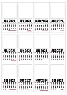 a calendar with the dates for each month in black and white, on a white background