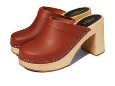 Swedish Hasbeens Husband Sky High - Women's Clog Shoes : Cognac : Add a retro vibe to your chic and elegant street style by putting on the Swedish Hasbeens Husband Sky High Clogs. Leather upper, lining, and insole. Easy slip-on construction. Round closed toe. Durable woodgrain heel. Synthetic outsole. Imported. Measurements: Heel Height: 3 3 4 in Weight: 1 lb Platform Height: 11 13 in Product measurements were taken using size EU 39 (US Women's 9), width B - Medium. Please note that measurements Modern Brown Slip-on Clogs, Retro Brown Clogs For Spring, Summer Workwear Clogs With Stacked Heel, Spring Slip-on Clogs With Rubber Heel Cap, Brown Mules With Wooden Heel For Work, Brown Wooden Heel Mules For Work, Modern Fall Clogs With Round Toe, Modern Clogs With Round Toe For Fall, Casual Wood Mules With Round Toe