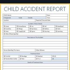 the child accident report is shown in yellow and black, with an orange border around it