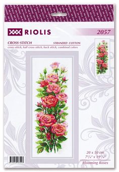 cross stitch kit with pink roses and green leaves on the side, in front of a white