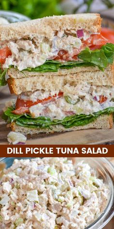 two pictures with different types of sandwiches on them and the same one has tuna salad in it