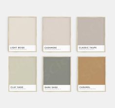 six different shades of gray, beige, and white paint with the words classic taupe