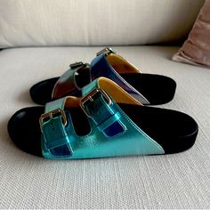 Isabel Marant Sunset Sandals Shoes Sz 38 Brand New. Metallic Aqua : Lennyo Sz 38 Comes With A Storage Bag 100% Leather Modern Blue Mules For Summer, Modern Blue Summer Mules, Blue Leather Mules With Flat Heel, Blue Leather Flat Heel Mules, Modern Blue Slip-on Mules, Blue Leather Mules With Leather Sole, Blue Leather Slides For Summer, Blue Leather Footbed Slip-on Slides, Blue Flat Slides With Buckle Closure