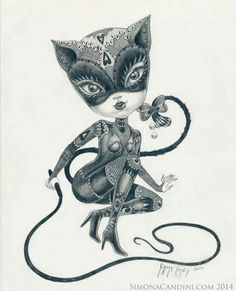 a black and white drawing of a cat wearing a mask on top of it's head