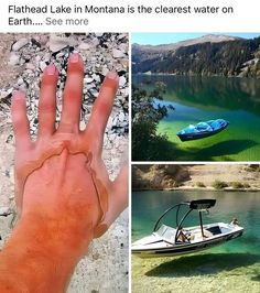 a hand that is in the water next to a boat and an image of a person's hand