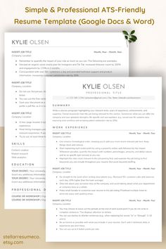 two resume templates with the same font and color scheme, one is for an office worker