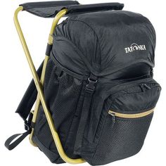 a black backpack with a yellow handle attached to it