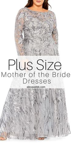 the plus size mother of the bride dress is shown in silver and features long sleeves, sheer