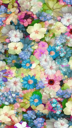 an image of colorful flowers in the air with blue and pink colors on it's petals