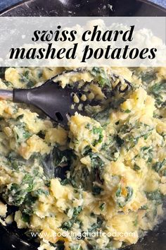 spinach mashed potatoes in a skillet with a spatula