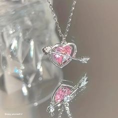 Romantic Heart-Shaped Cupid Necklace. Sparkling Pink Rinestone, Dainty Arrow Accent, Adjustable Clavicle Chain, Perfect Valentines Gift, Or For Any Occasion. Cupid Necklace, Romantic Heart, Valentines Gift, Womens Jewelry Necklace, Valentine Gifts, Heart Shapes, Jewelry Necklaces, Sparkle, Women Jewelry