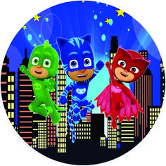 three cartoon characters are flying through the air in front of a cityscape with stars