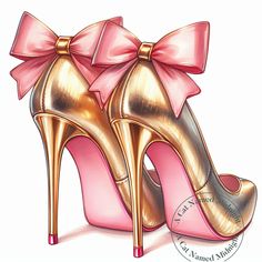 a drawing of a pair of high heeled shoes with a pink bow