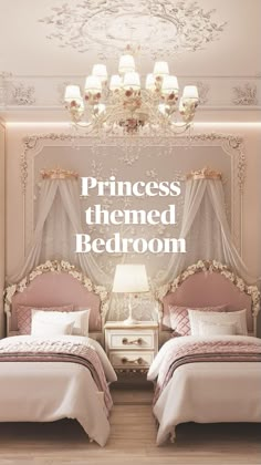 two beds in a bedroom with white and pink decor on the headboard, nightstands and chandelier